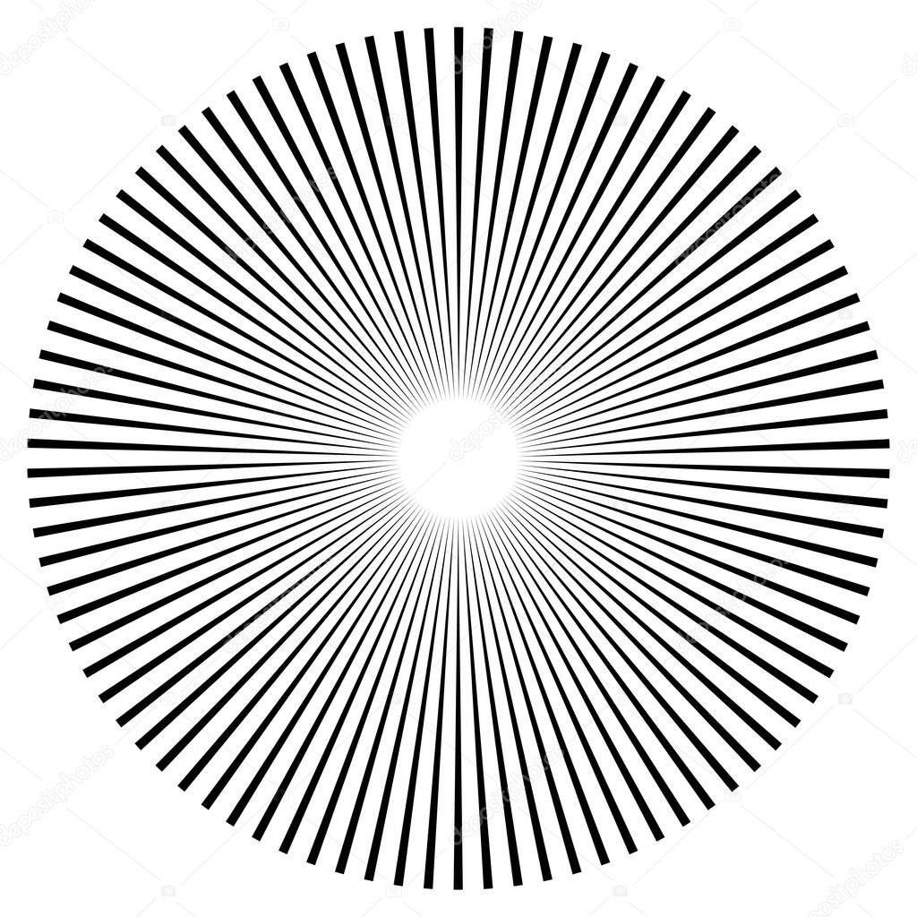 Radial, circular lines, spokes. Radiating lines, stripes. Concentric burst, blast effect vector illustration