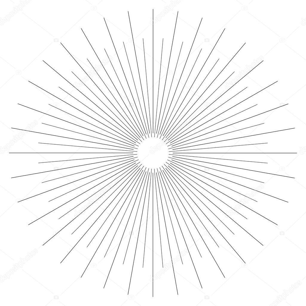 Radial, circular lines, spokes. Radiating lines, stripes. Concentric burst, blast effect vector illustration