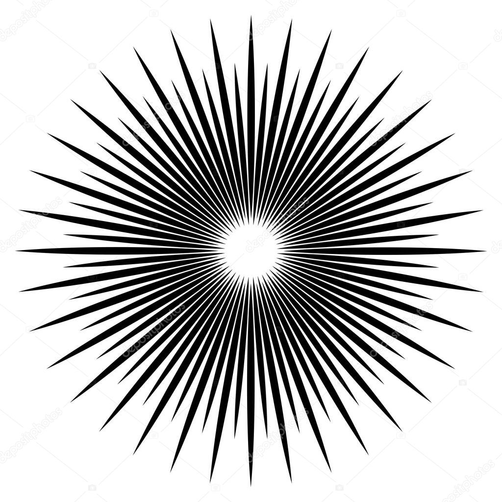 Radial, circular lines, spokes. Radiating lines, stripes. Concentric burst, blast effect vector illustration