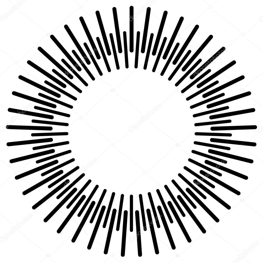 Radial, circular lines, spokes. Radiating lines, stripes. Concentric burst, blast effect vector illustration