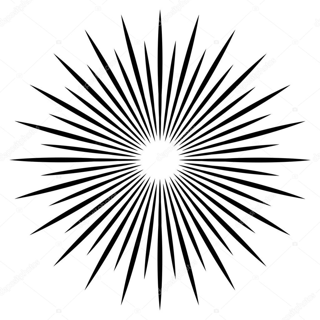 Radial, circular lines, spokes. Radiating lines, stripes. Concentric burst, blast effect vector illustration