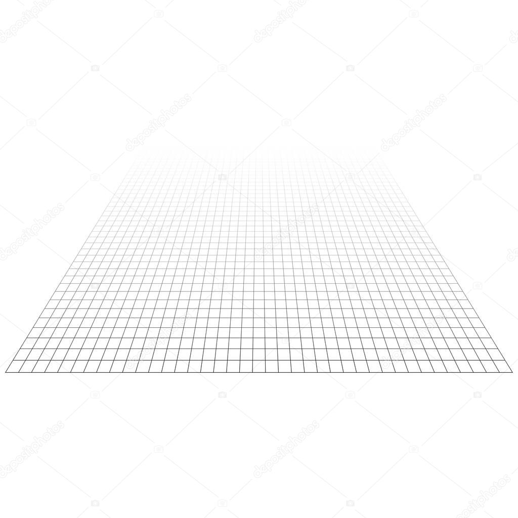 Abstract 3D grid, mesh in perspective. Checkered spatial squares pattern, squares design element