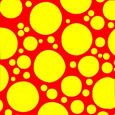 Pop-art rastgele puantiyeler, daireler. Kırmızı ve sarı, duotoncu nokta arkaplan, desen, desen, desen biraz bozuk daireler Stok vektör çizimi, Klip-sanat grafikleri.