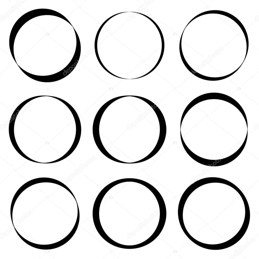 Simple caligraphic circle, oval, ellipse elements. Circle frame, circle border sets  Stock vector illustration, Clip-art graphics.