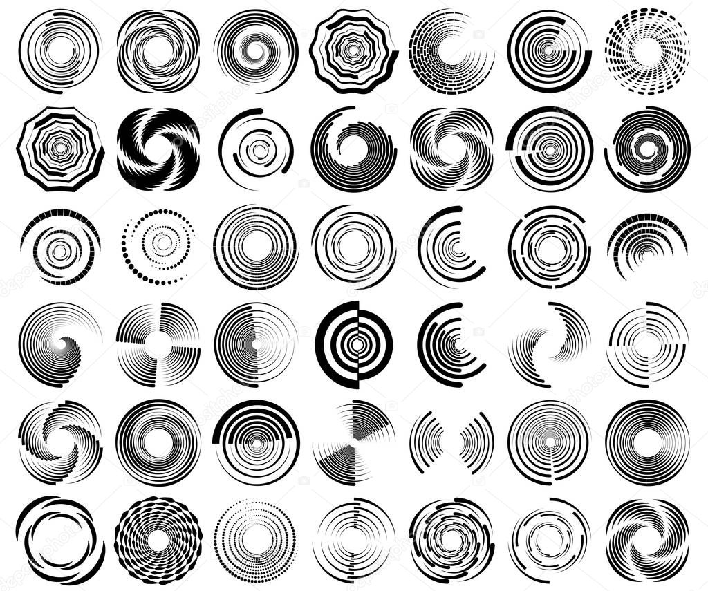 Spiral, swirl, twirl, vortex icon, shape. Concentric circles, rings. Abstract geometric shapes with rotation effec