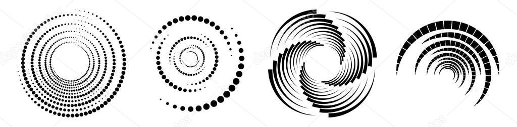 Spiral, swirl, twirl, vortex icon, shape. Concentric circles, rings. Abstract geometric shapes with rotation effec