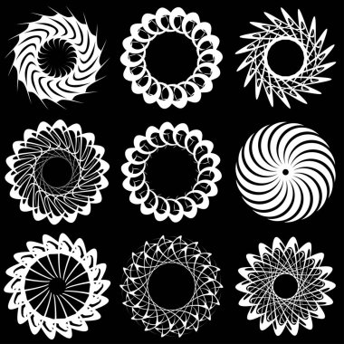 Dairesel, radyal ikon, motif, mandala şekli. Döndürme, döndürme, sarmal, volt dönüş geometrik tasarım elementi. Soyut çember hisse senedi vektör çizimi, klip- sanat grafikleri.