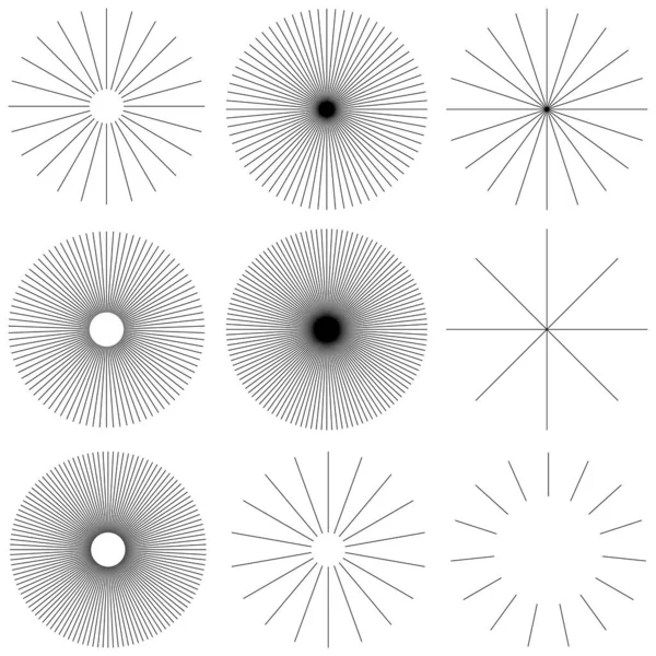 Radiella Strålande Spränga Cirkulära Linjer Ränder Element Starburst Solbränna Gleam — Stock vektor