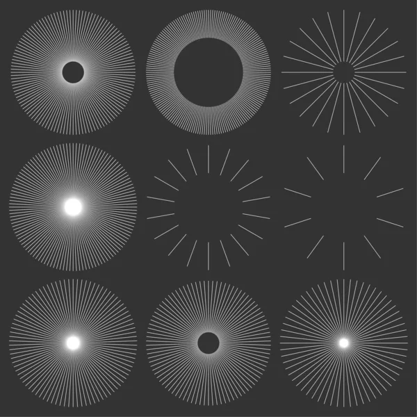 Radiale Strahlende Berstende Kreislinien Streifenelemente Starburst Sunburst Glanz Glitzern Funkeln — Stockvektor