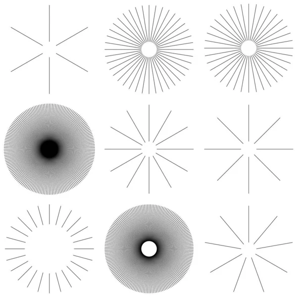 Radial Irradiando Estourar Linhas Circulares Listras Elemento Starburst Sunburst Brilho — Vetor de Stock