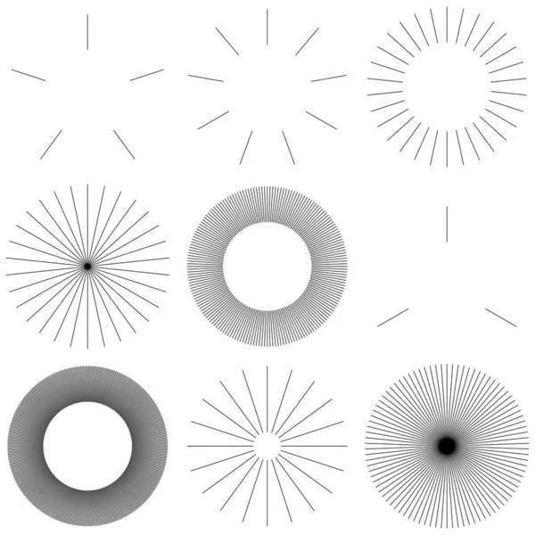 Líneas Circulares Radiales Radiantes Reventadas Elementos Rayas Estallido Estallido Sol — Vector de stock