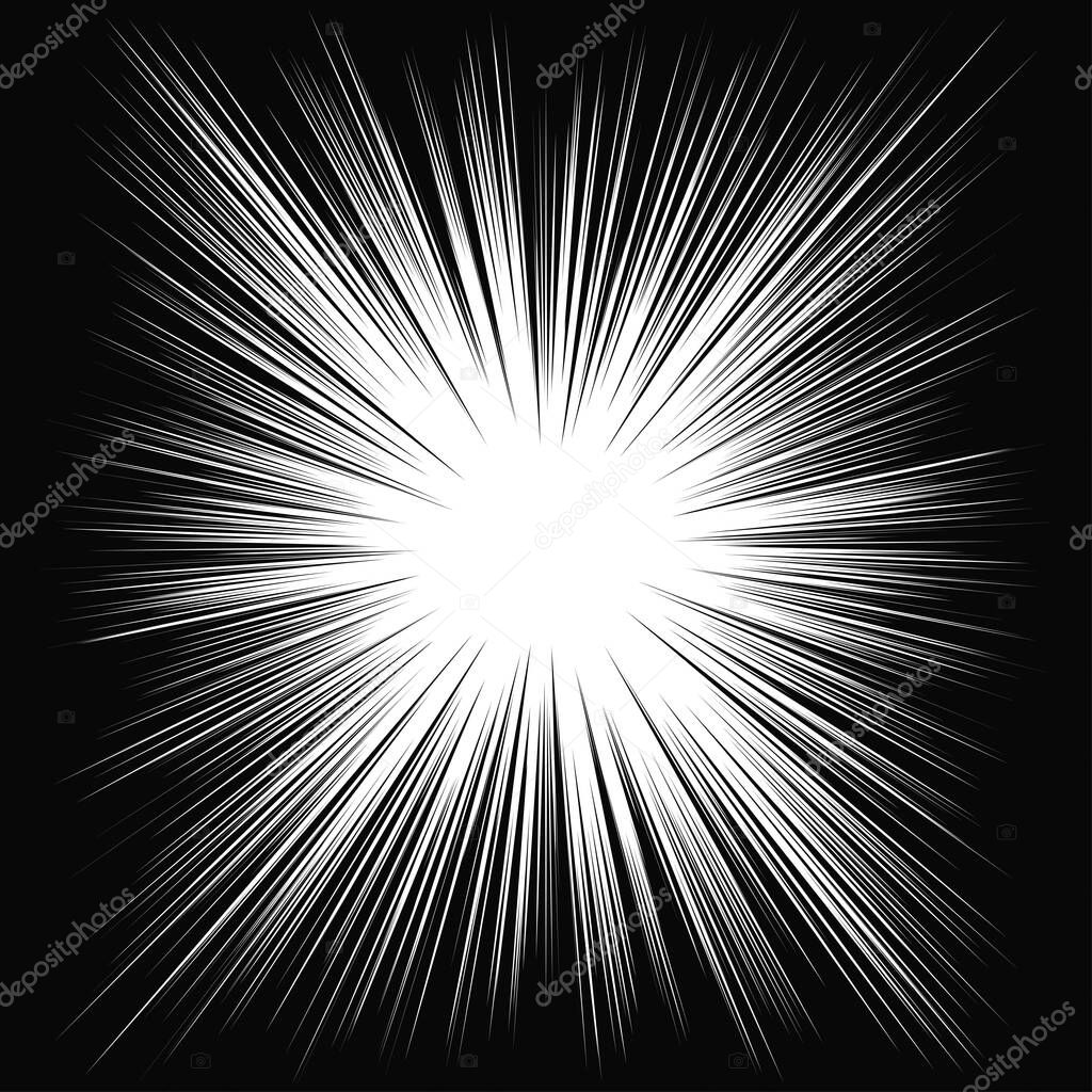 Radial, radiating dynamic rays, beams lines. Starburst, sunburst element. Gloss, shine effect. Gleam, glitter, glint, glare design