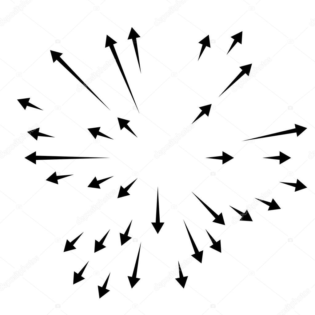 Arrows pointing outwards. Radial, radiating arrows