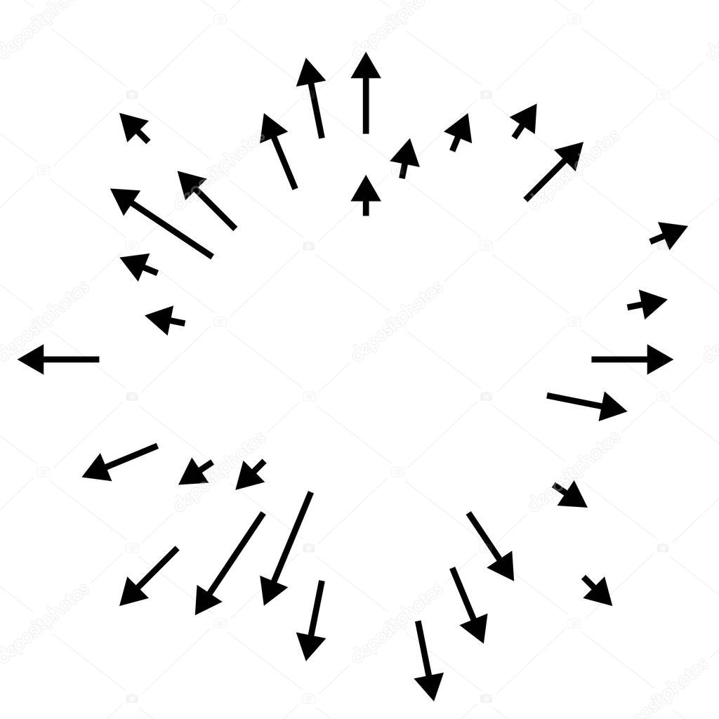 Arrows pointing outwards. Radial, radiating arrows