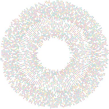 Renkli, renkli rastgele daireler, noktalar, benekler ve çiller konsantre, dairesel ve dairesel elementler. Noktacılık, noktacılık rastgele polikrom yarım ton daireler stok vektör çizimi, klip- sanat grafikleri