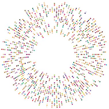 Renkli, renkli rastgele daireler, noktalar, benekler ve çiller konsantre, dairesel ve dairesel elementler. Noktacılık, noktacılık rastgele polikrom yarım ton daireler stok vektör çizimi, klip- sanat grafikleri