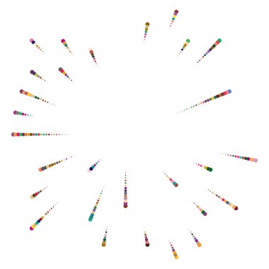 Renkli, renkli rastgele daireler, noktalar, benekler ve çiller konsantre, dairesel ve dairesel elementler. Noktacılık, noktacılık rastgele polikrom yarım ton daireler stok vektör çizimi, klip- sanat grafikleri