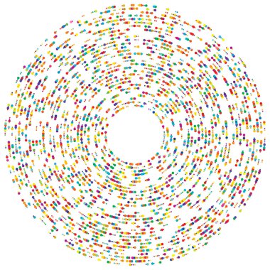 Renkli, renkli rastgele daireler, noktalar, benekler ve çiller konsantre, dairesel ve dairesel elementler. Noktacılık, noktacılık rastgele polikrom yarım ton daireler stok vektör çizimi, klip- sanat grafikleri