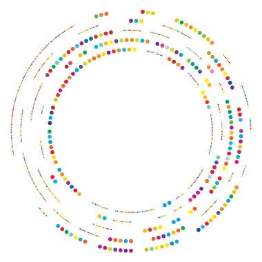 Renkli, renkli rastgele daireler, noktalar, benekler ve çiller konsantre, dairesel ve dairesel elementler. Noktacılık, noktacılık rastgele polikrom yarım ton daireler stok vektör çizimi, klip- sanat grafikleri