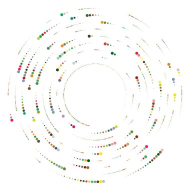 Renkli, renkli rastgele daireler, noktalar, benekler ve çiller konsantre, dairesel ve dairesel elementler. Noktacılık, noktacılık rastgele polikrom yarım ton daireler stok vektör çizimi, klip- sanat grafikleri
