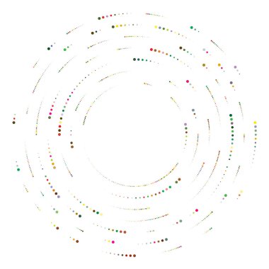 Renkli, renkli rastgele daireler, noktalar, benekler ve çiller konsantre, dairesel ve dairesel elementler. Noktacılık, noktacılık rastgele polikrom yarım ton daireler stok vektör çizimi, klip- sanat grafikleri