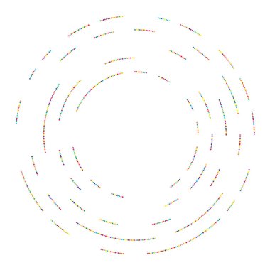 Renkli, renkli rastgele daireler, noktalar, benekler ve çiller konsantre, dairesel ve dairesel elementler. Noktacılık, noktacılık rastgele polikrom yarım ton daireler stok vektör çizimi, klip- sanat grafikleri