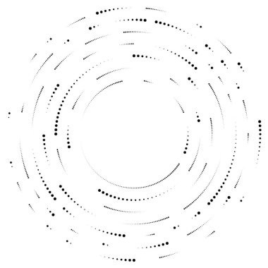 Rastgele daireler, noktalar, benekler ve çiller eşmerkezli, dairesel ve dairesel elementler. Noktacılık, noktacılık rastgele yarım ton daireler stok vektör illüstrasyonu, klip- sanat grafikleri.