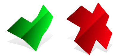 El çizimi yeşil kontrol işareti, kene ve kırmızı haç, X simgesi, sembol seti - stok vektör çizimi, klip- sanat grafikleri