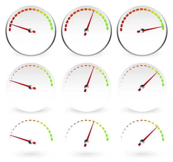 Différents cadrans avec aiguilles rouges — Image vectorielle