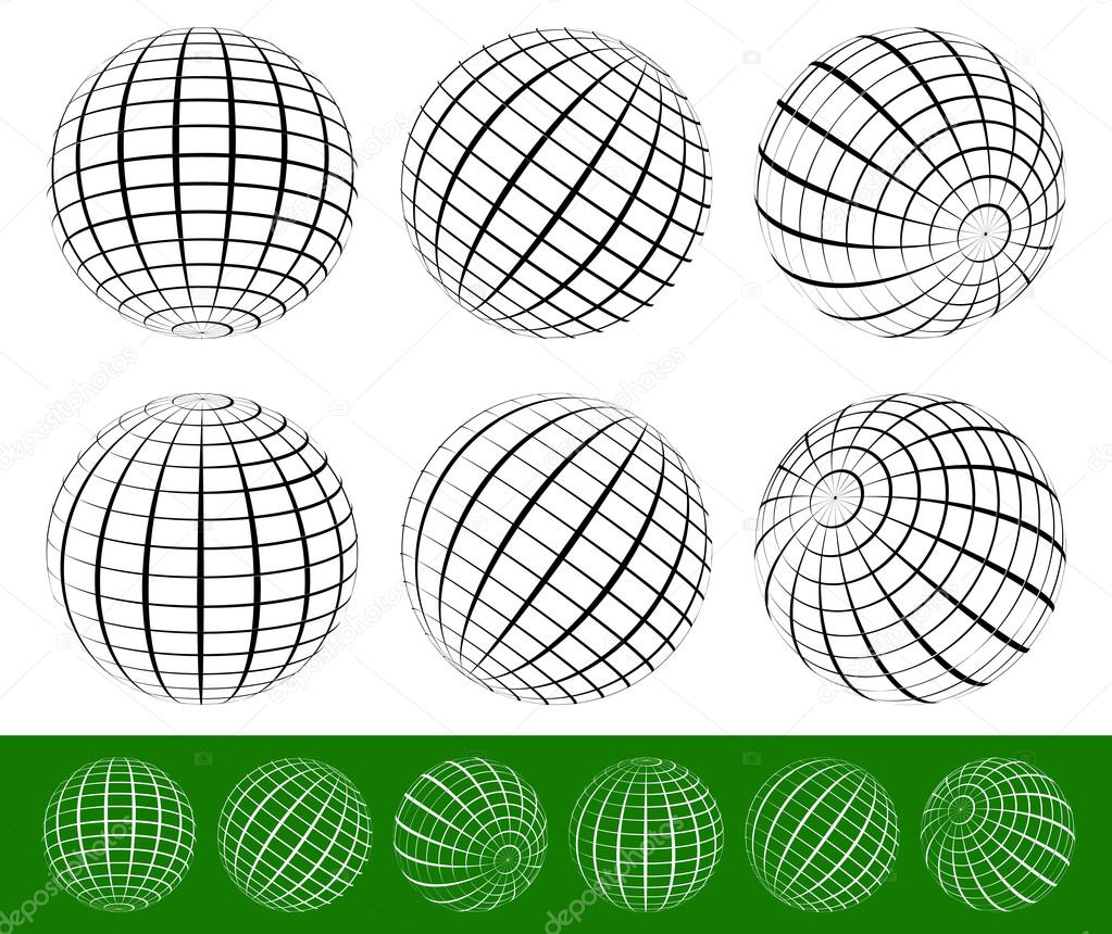 3D Wire-frame, gridded spheres set
