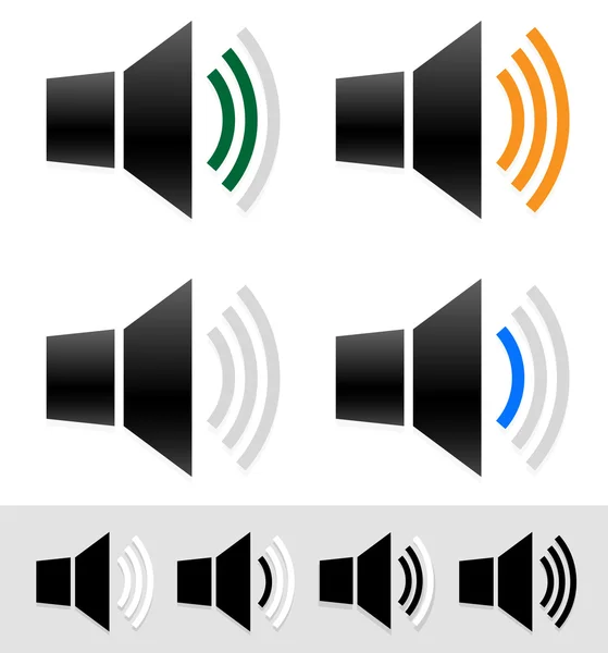 Volumen, indicadores de nivel sonoro con iconos de altavoz . — Vector de stock