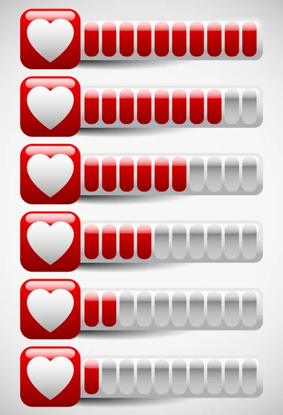 Compteurs avec des formes cardiaques. Compteur d'amour, Points de vie dans l'ordinateur — Image vectorielle