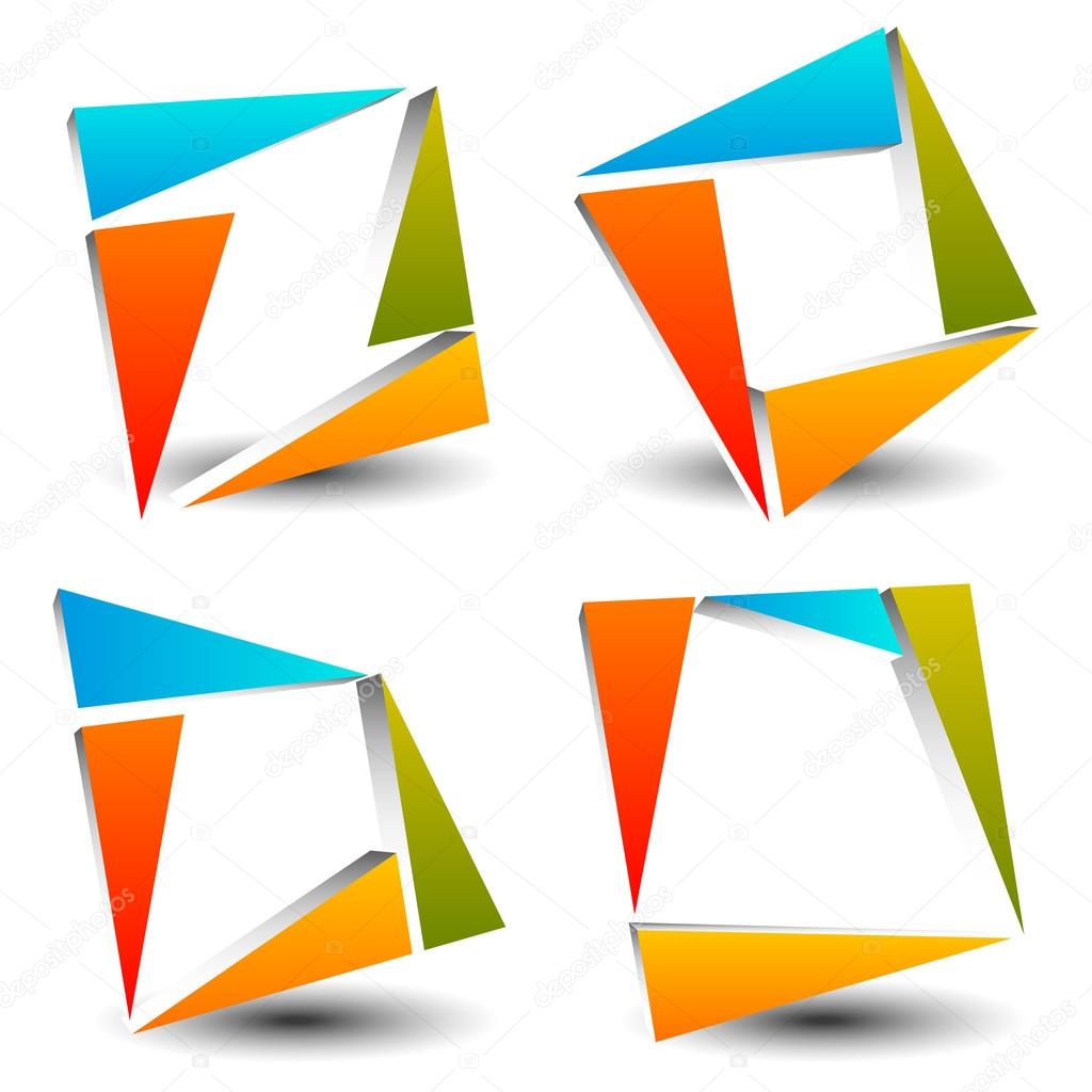 Set of abstract, colorful square icons, logotypes made of triangles. Vector.