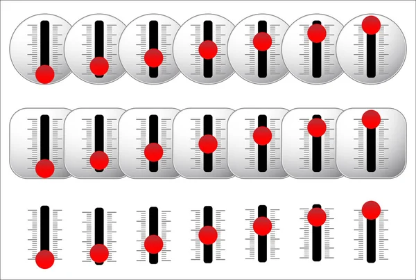 Conjunto de controles deslizantes verticais com botões vermelhos. vetor — Vetor de Stock