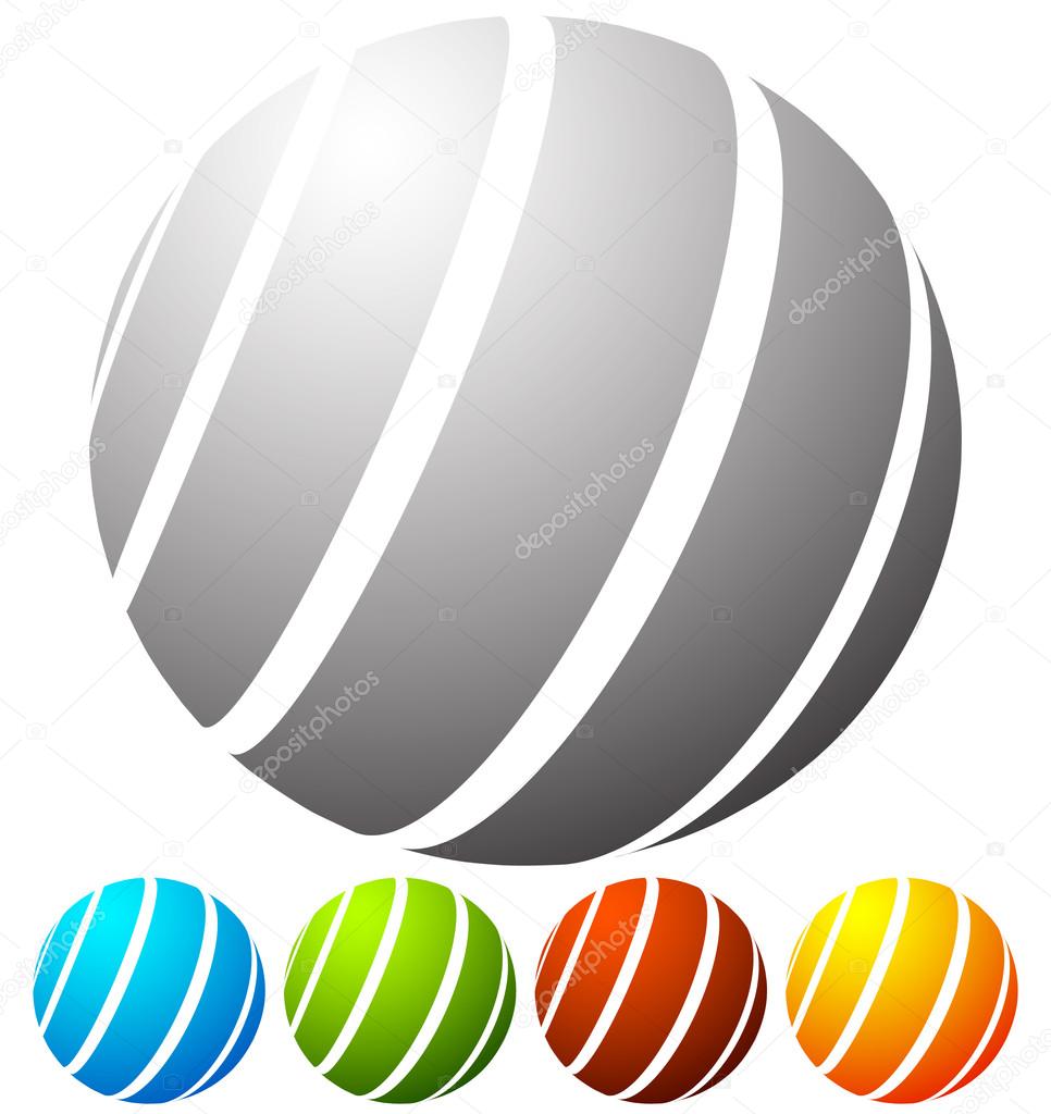 Abstract striped globes icons set in perspective. 5 colors