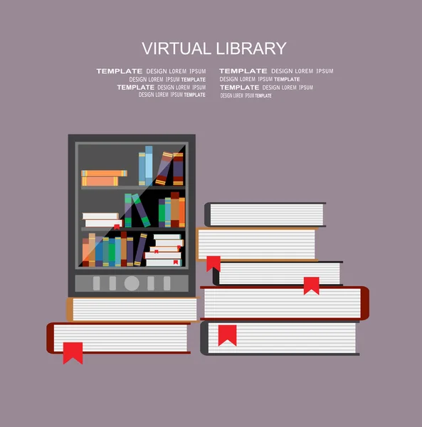 Цифровой планшет с виртуальной библиотекой и книгами — стоковый вектор