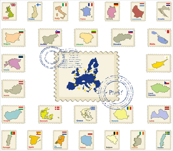 Recolha de selos postais de países europeus — Vetor de Stock