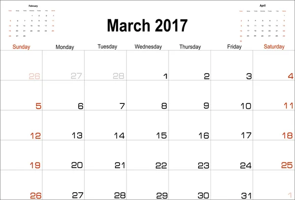 Calendário Março 2016 — Vetor de Stock