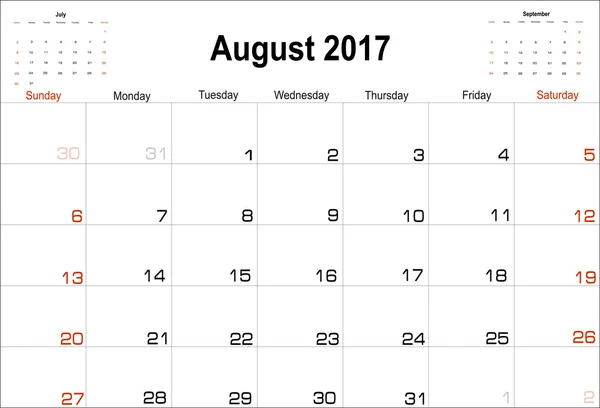 Kalender August 2016 — Stockvektor