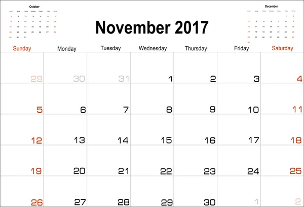 Календар листопада 2016 — стоковий вектор