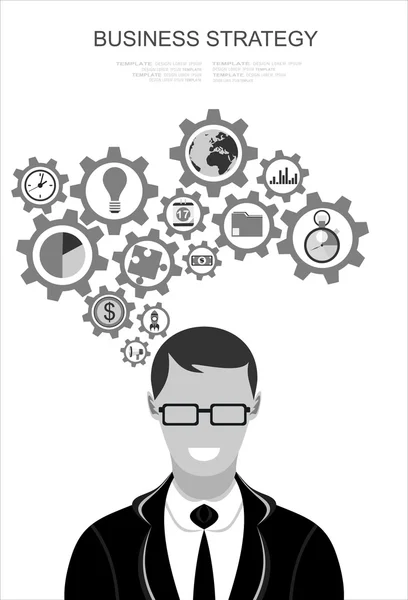 Homme d'affaires en lunettes avec des icônes d'engrenages — Image vectorielle