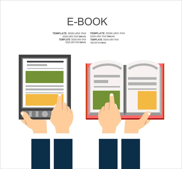 Dijital tablet ve elleriyle kitap — Stok Vektör