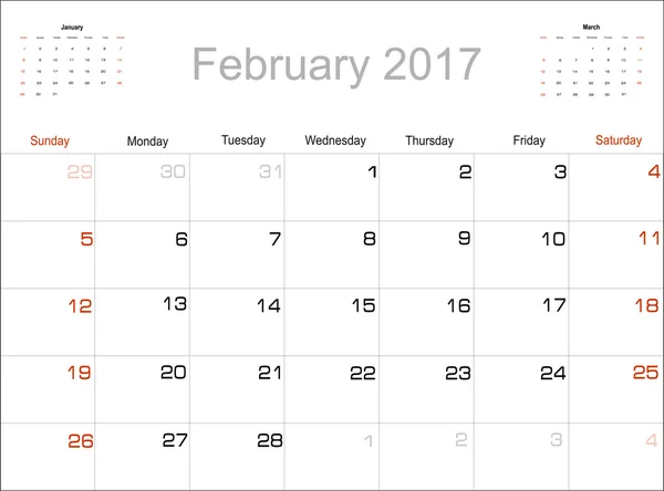 Planning Calendar February 2017 — ストックベクタ