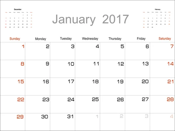 Planning Calendar January 2017 — Stock vektor