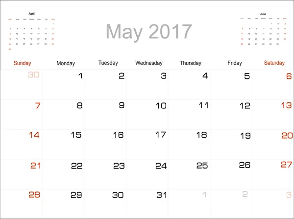 Calendario mayo 2017 — Vector de stock