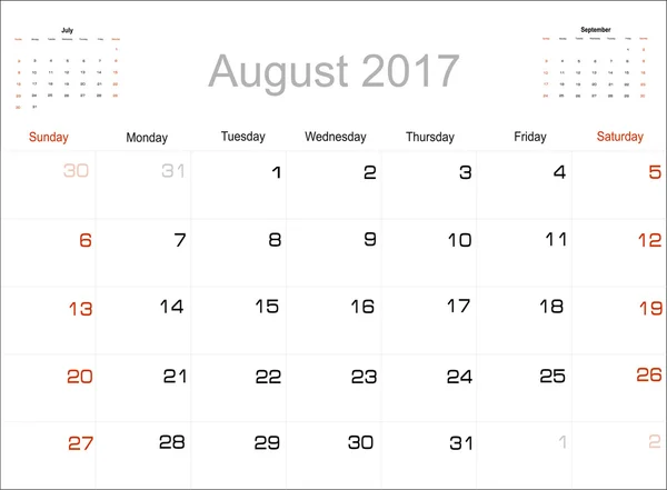 Calendário agosto 2017 — Vetor de Stock