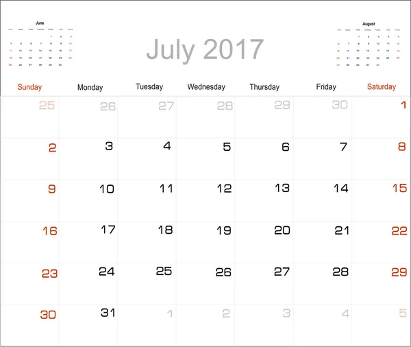 Calendario julio 2017 — Archivo Imágenes Vectoriales