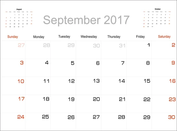 Calendário setembro 2017 — Vetor de Stock