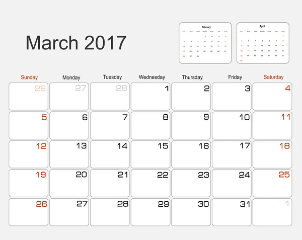 Calendario marzo 2017 — Vector de stock