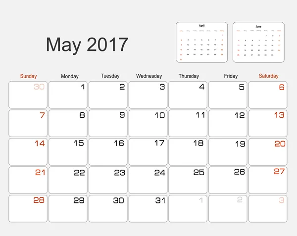 Calendario mayo 2017 — Vector de stock